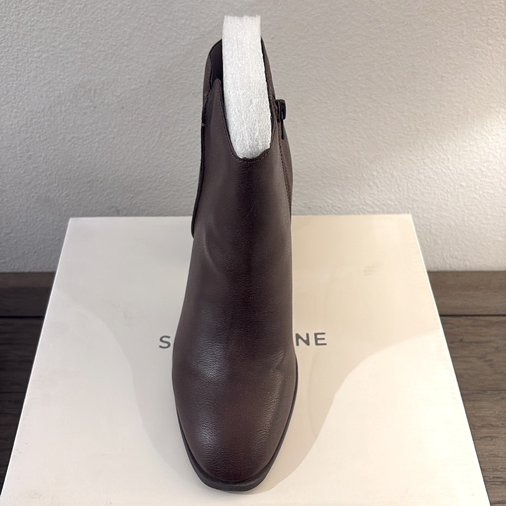 NIB [Sun + Stone] Graceyy Dark Brown Smooth Faux Leather Block Heel Booties - Picture 8 of 16